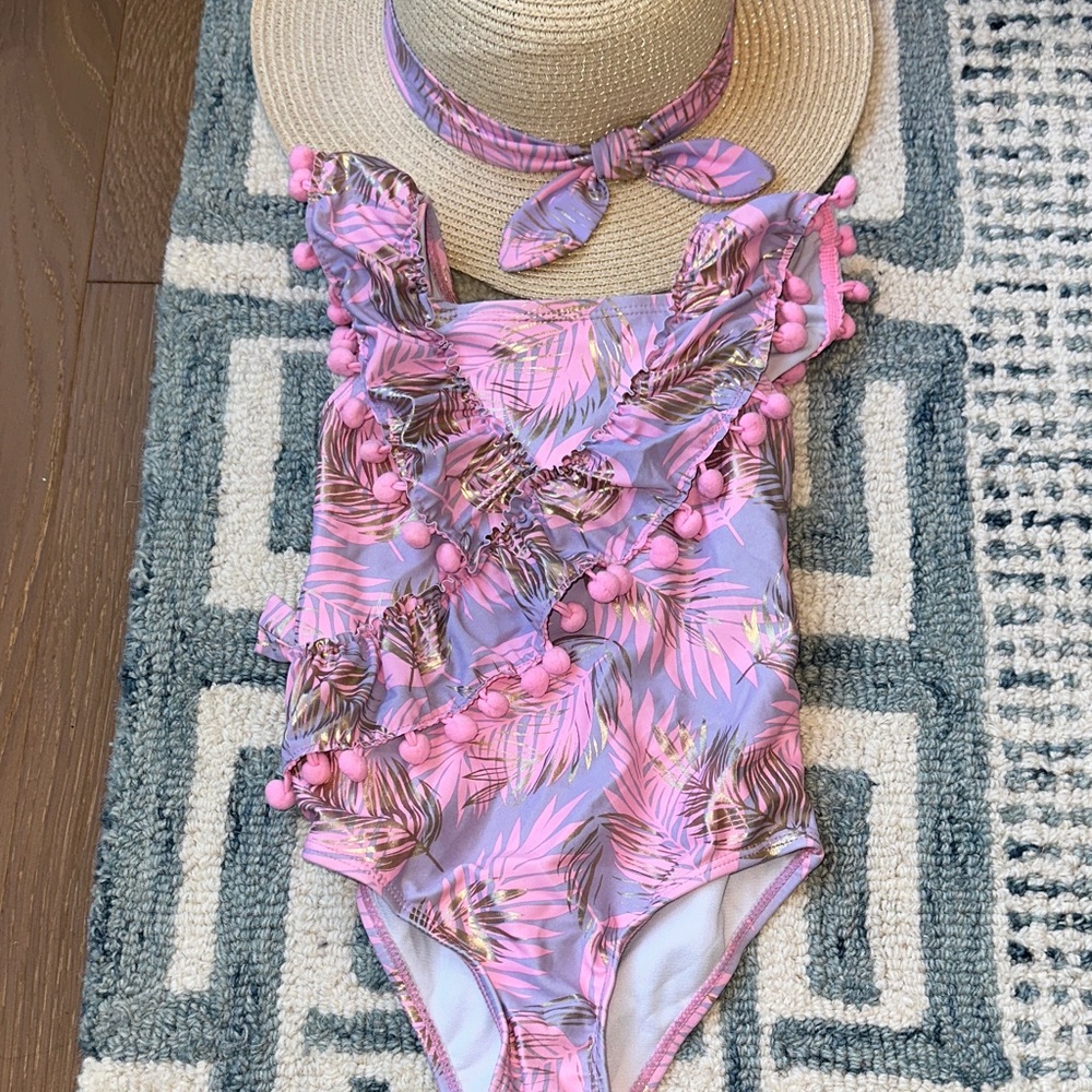 Ruffled Pink & Lavender Tropical One-Piece Swimsuit for Kids
